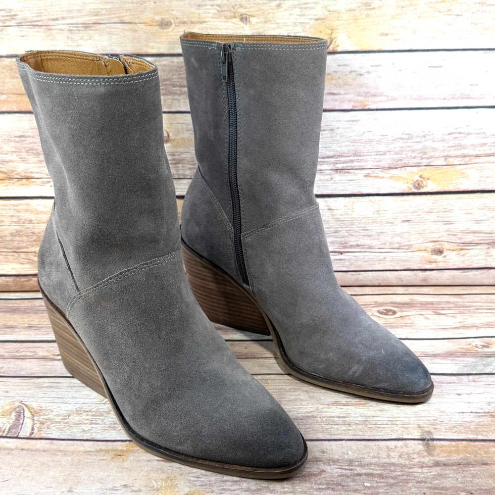Lucky Brand Womens Falcon Gray Suede Leather Sarey Chunky Heel Ankle Boots 7M